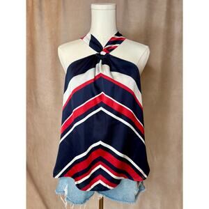 Chaps Halter Blouse Navy Red White Striped Tie Neck PL
